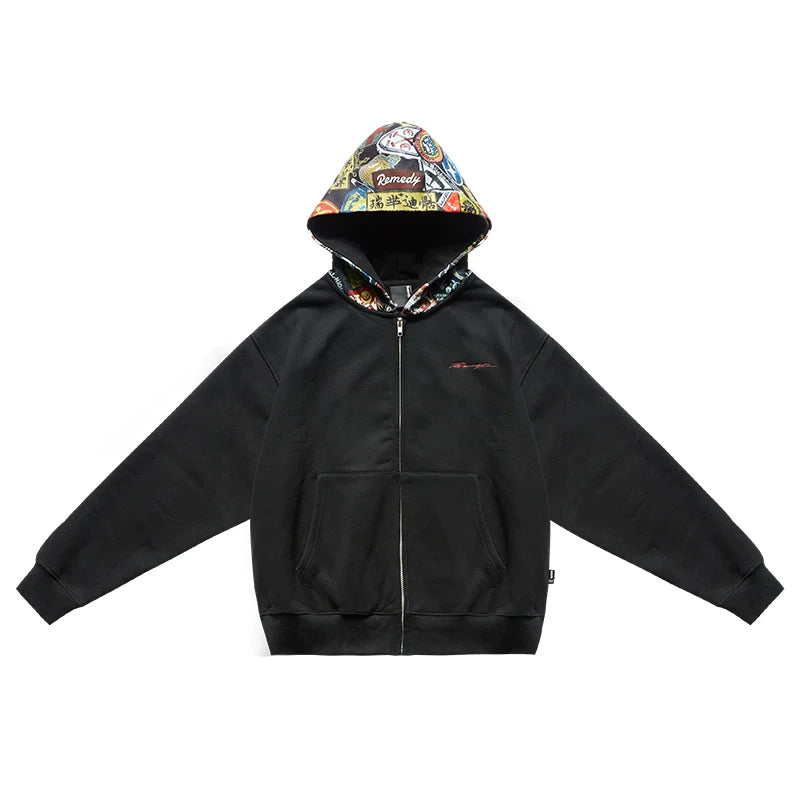 Remedy Badge Print Hood Zip Up Hoodie