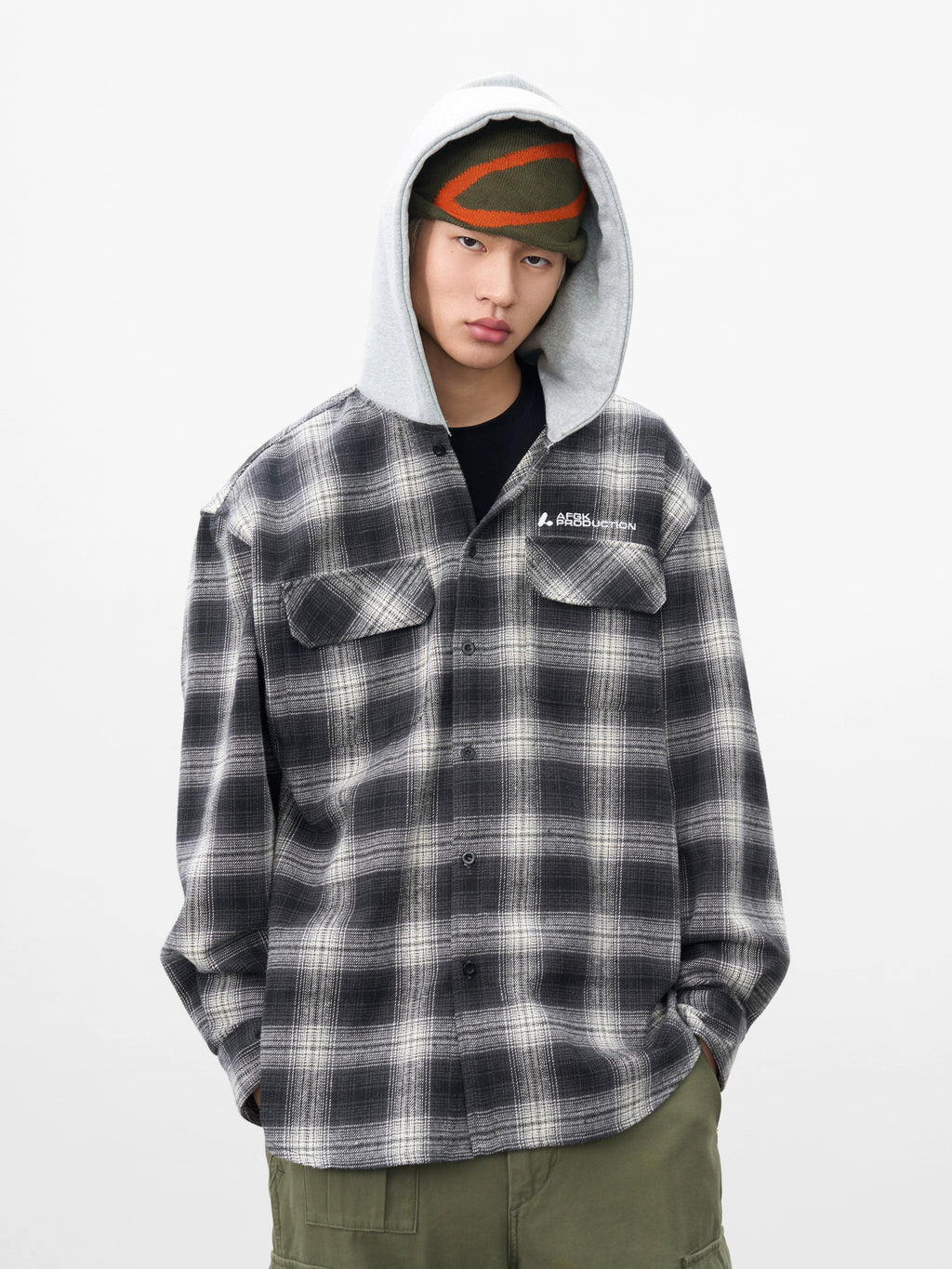 AFGK Plaid Embroidered Hooded Long Sleeve Shirt