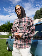 Harsh and Cruel Handwritten Font Hooded Washed Plaid Shirt