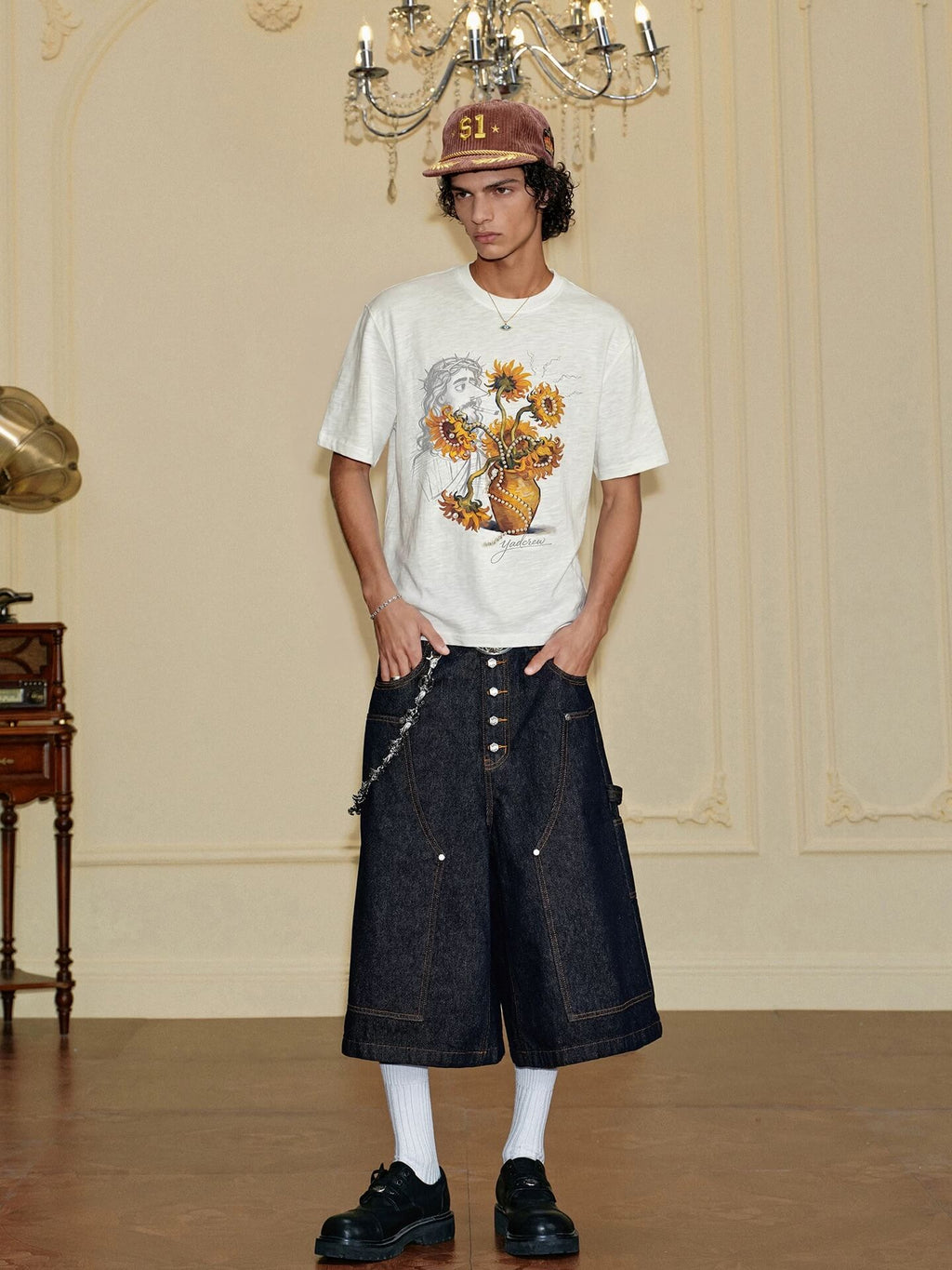 YADcrew Sunflower Jesus Print Pearl Embellished Tee