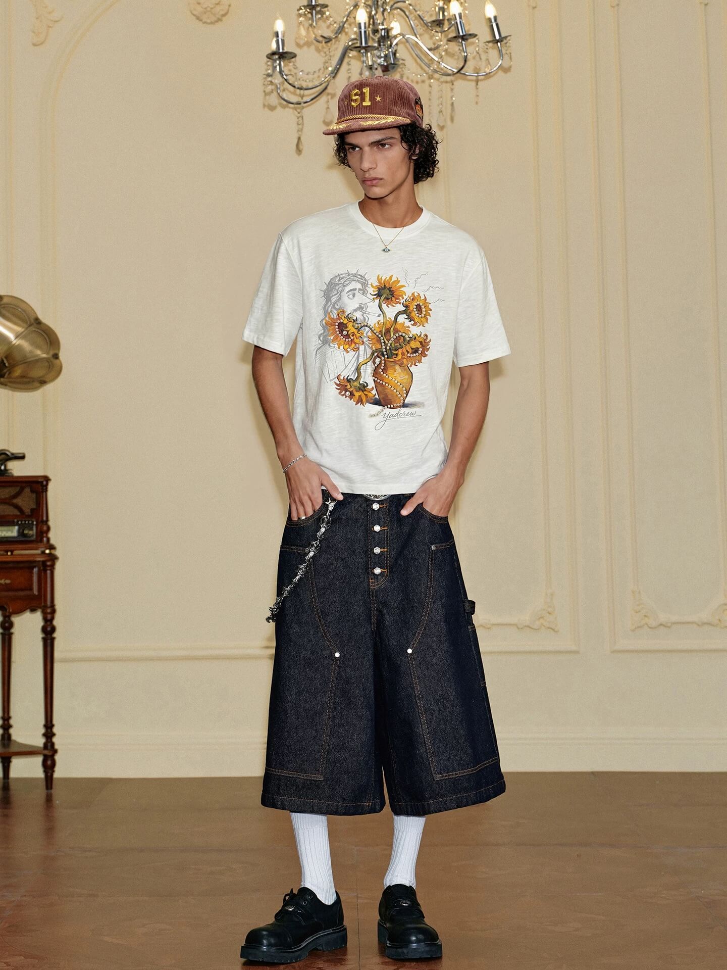 YADcrew Sunflower Jesus Print Pearl Embellished Tee