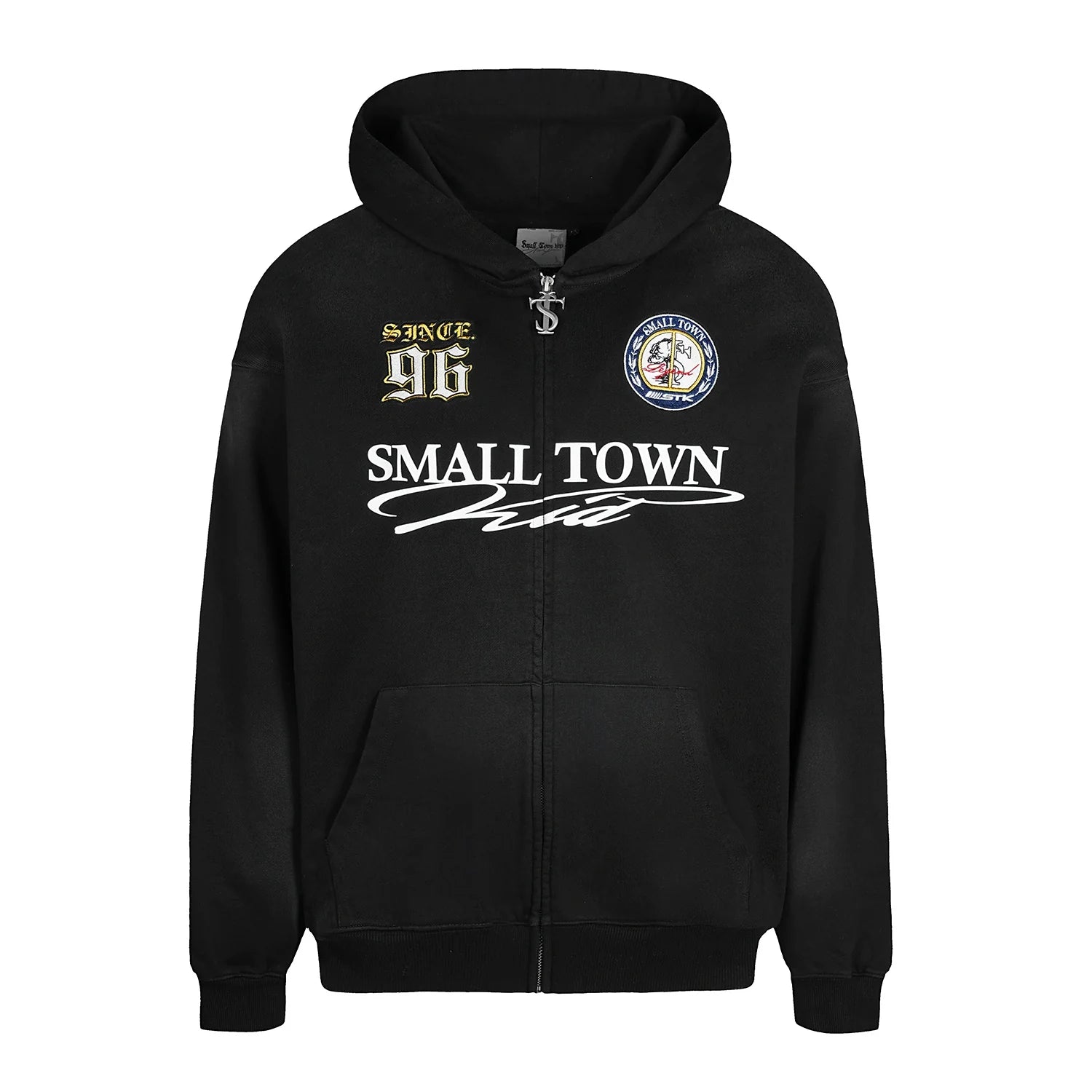 Small Town Kid Washed Badge Letter Printed Zip-Up Hoodie