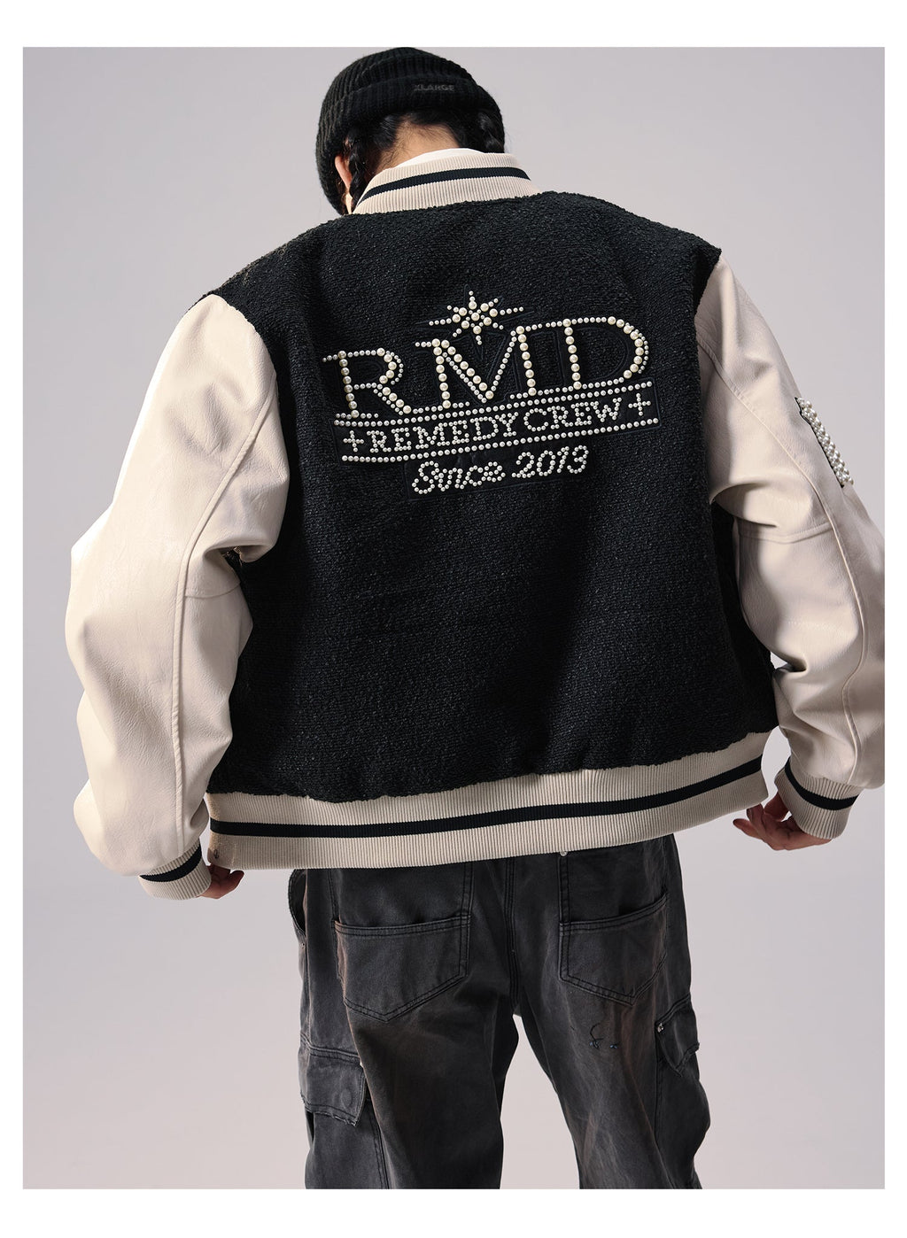 Remedy RMD Pearl Embroidered Leather Varsity Jacket
