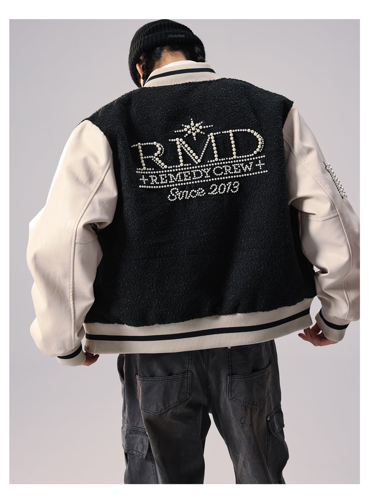 Remedy RMD Pearl Embroidered Leather Varsity Jacket