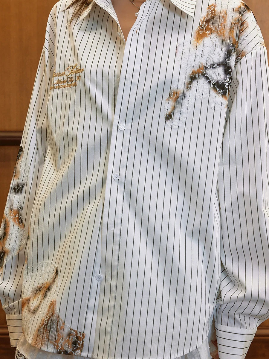 Harsh and Cruel Burnout Lace Embroidered Striped Long Sleeve Shirt