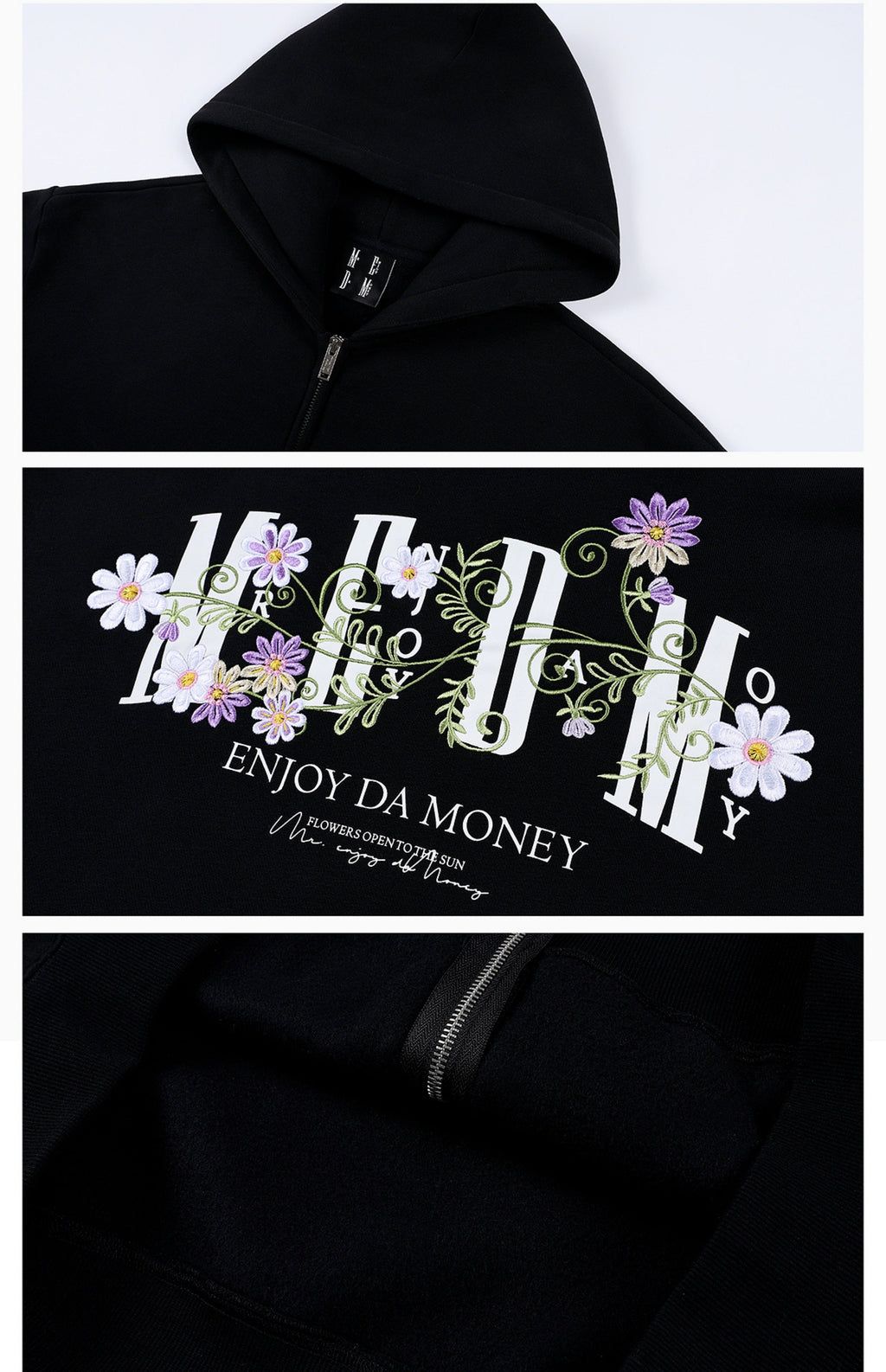 MEDM Floral Logo Embroidered Zip Up Hoodie