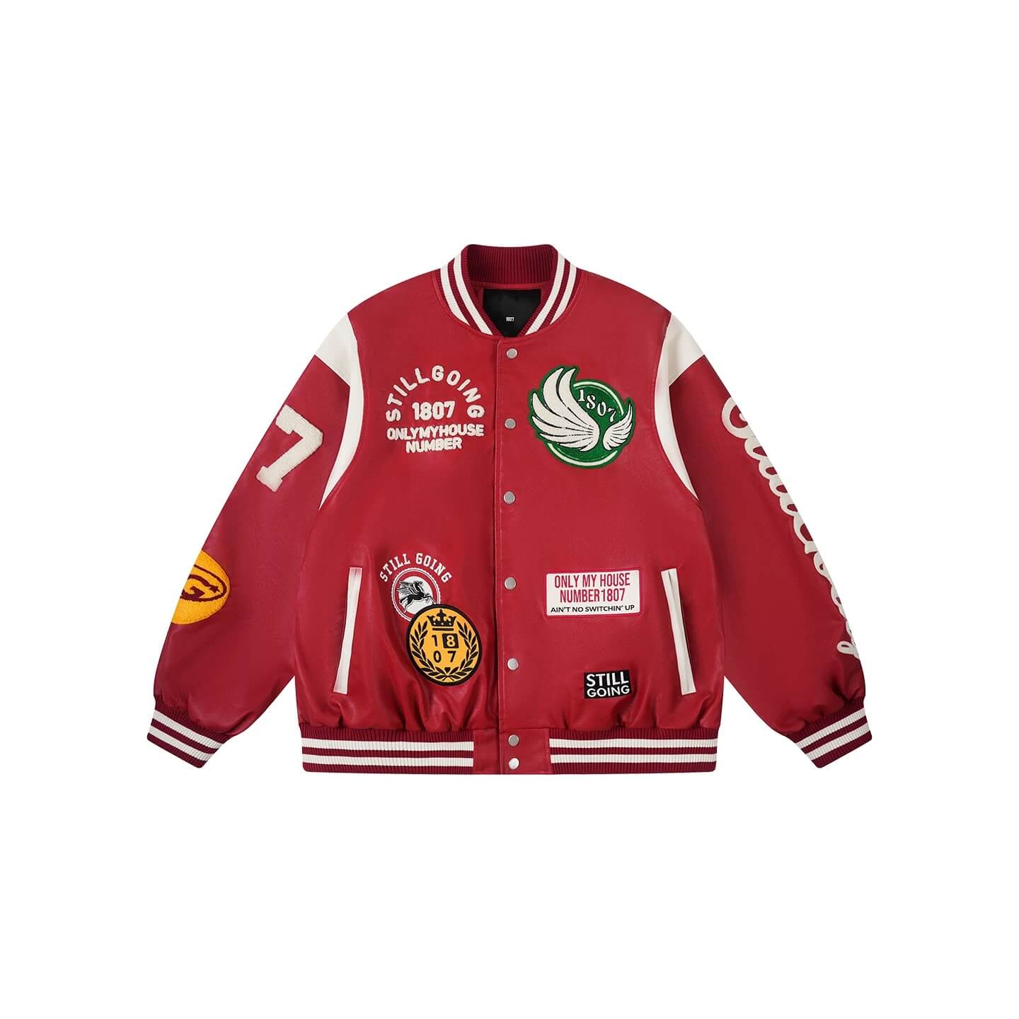 1807 PU Leather Patchwork Varsity Jacket