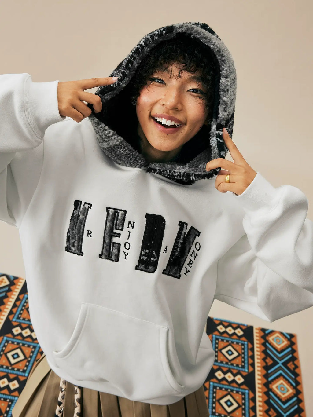 MEDM Patterned Sherpa Hood Patchwork Hoodie