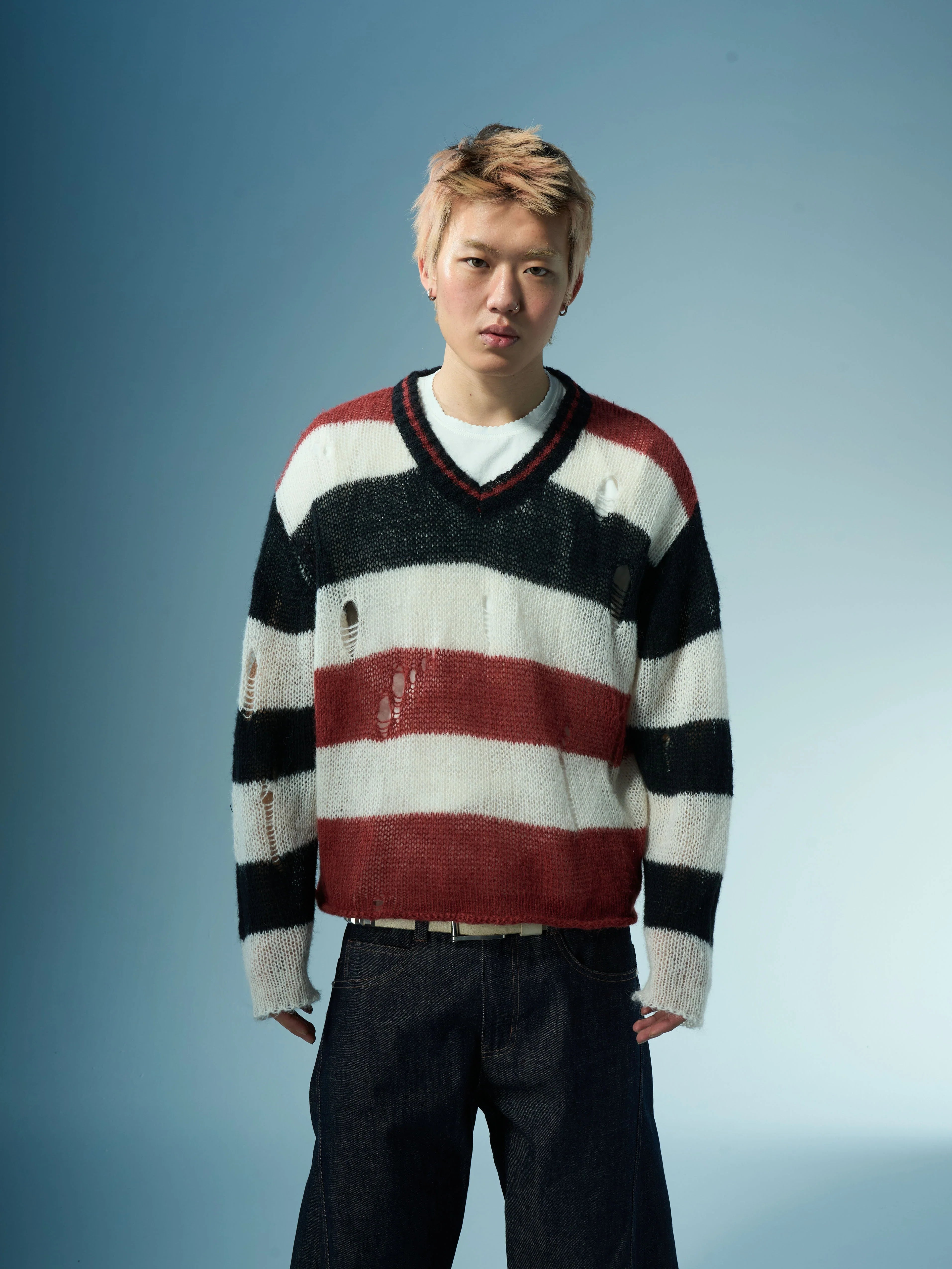 EVILKNIGHT(EK) Striped Colorblocking Distressed V-Neck Knit Sweater