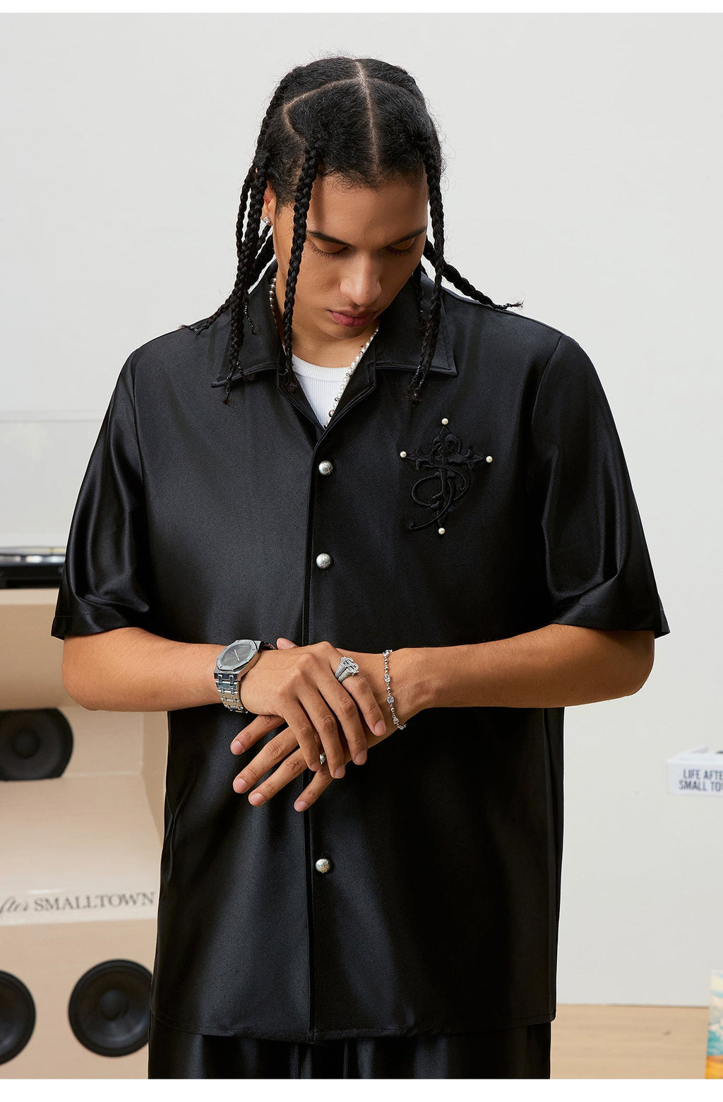 Small Town Kid 3D Cross Embroidered Satin Cuban Shirt Set