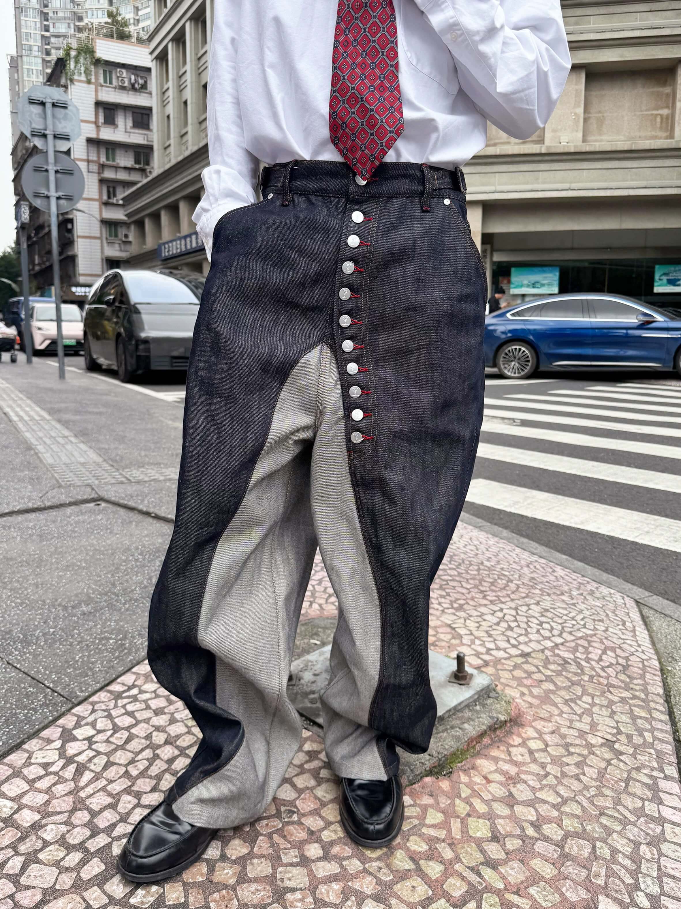 STEEPC Button Fly Reverse Patchwork Baggy Jeans