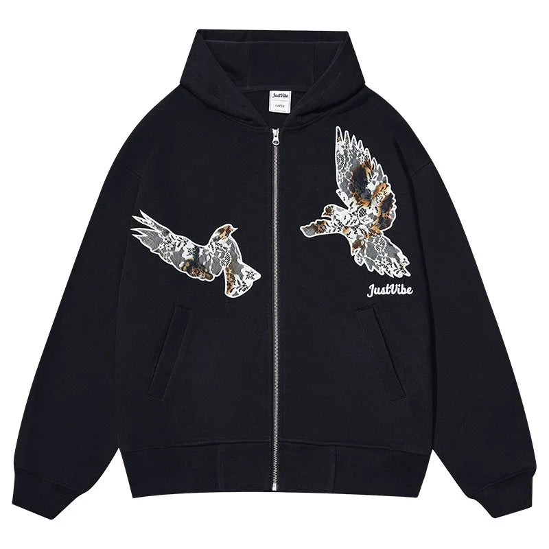 JUST VIBE Lace Peace Dove Zip Up Hoodie