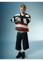 EVILKNIGHT(EK) Striped Colorblocking Distressed V-Neck Knit Sweater