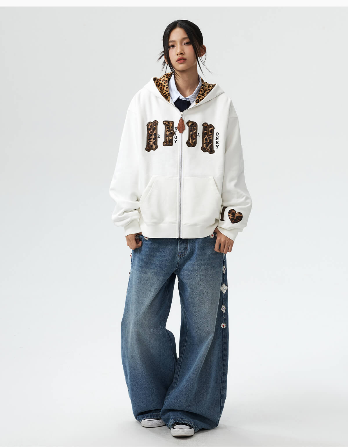 MEDM Leopard Faux Fur Layered Zip Up Hoodie