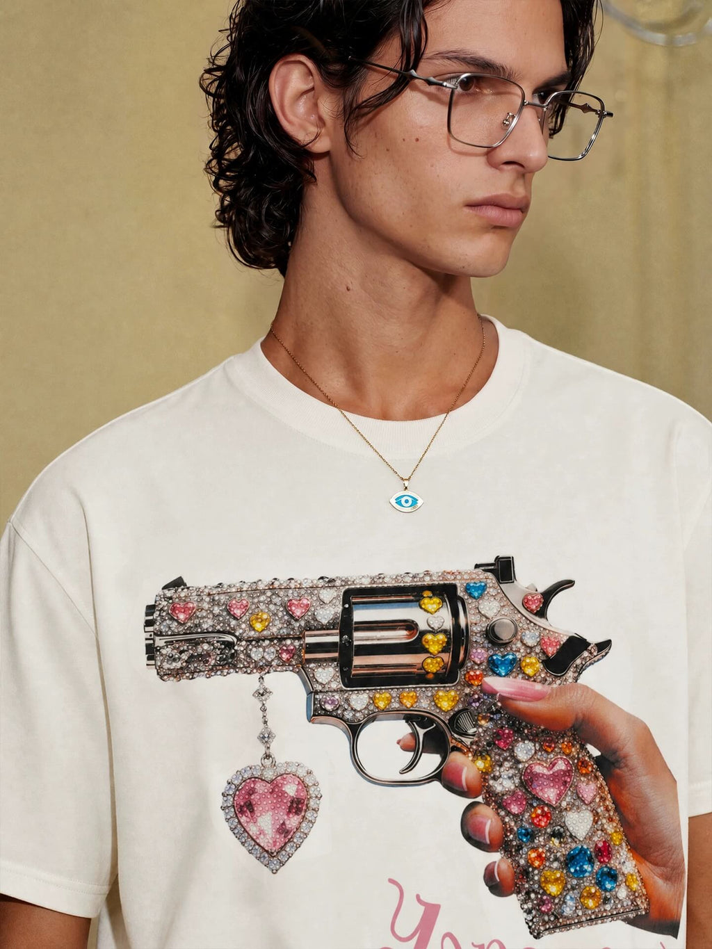 YADcrew Rhinestone Revolver Digital Print Tee