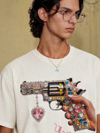 YADcrew Rhinestone Revolver Digital Print Tee