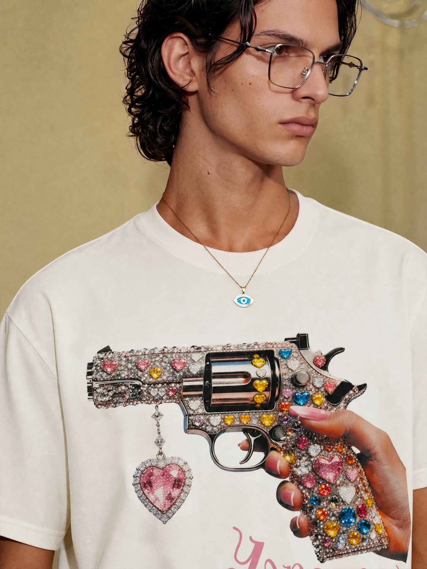 YADcrew Rhinestone Revolver Digital Print Tee