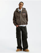 MEDM Embroidered Leopard Zip Up Hooded Jacket