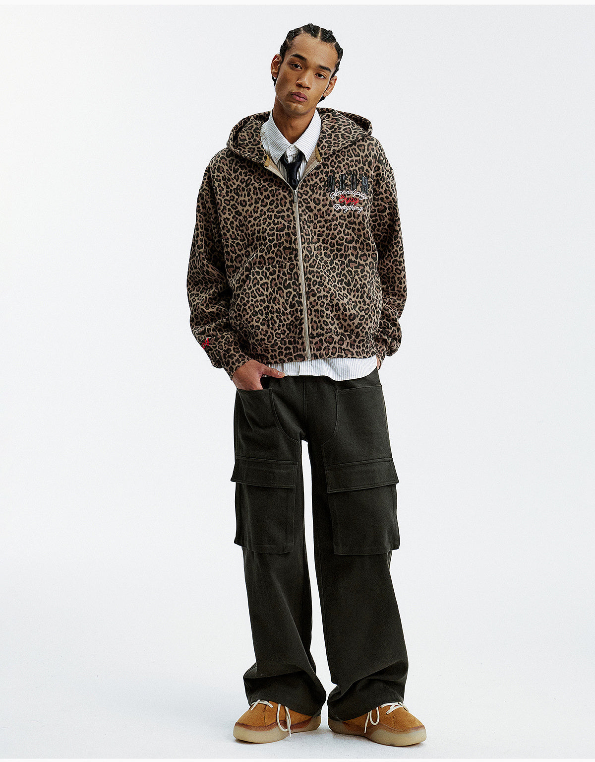 MEDM Embroidered Leopard Zip Up Hooded Jacket