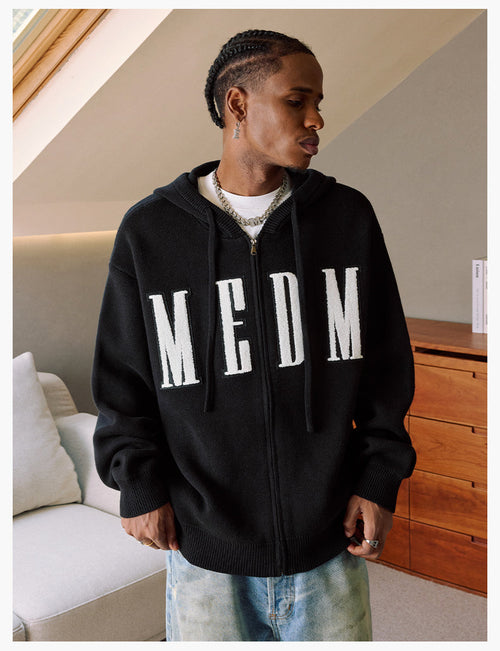 MEDM Basic Embroidered Logo Zip Up Knit Hoodie