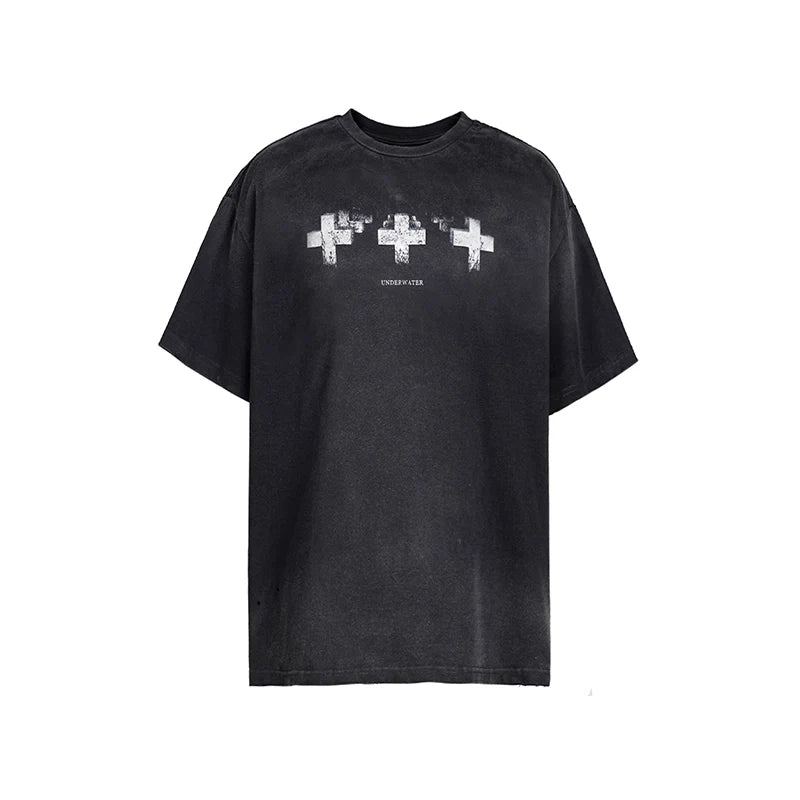 UNDERWATER Cross Print Washed Distressed Tee