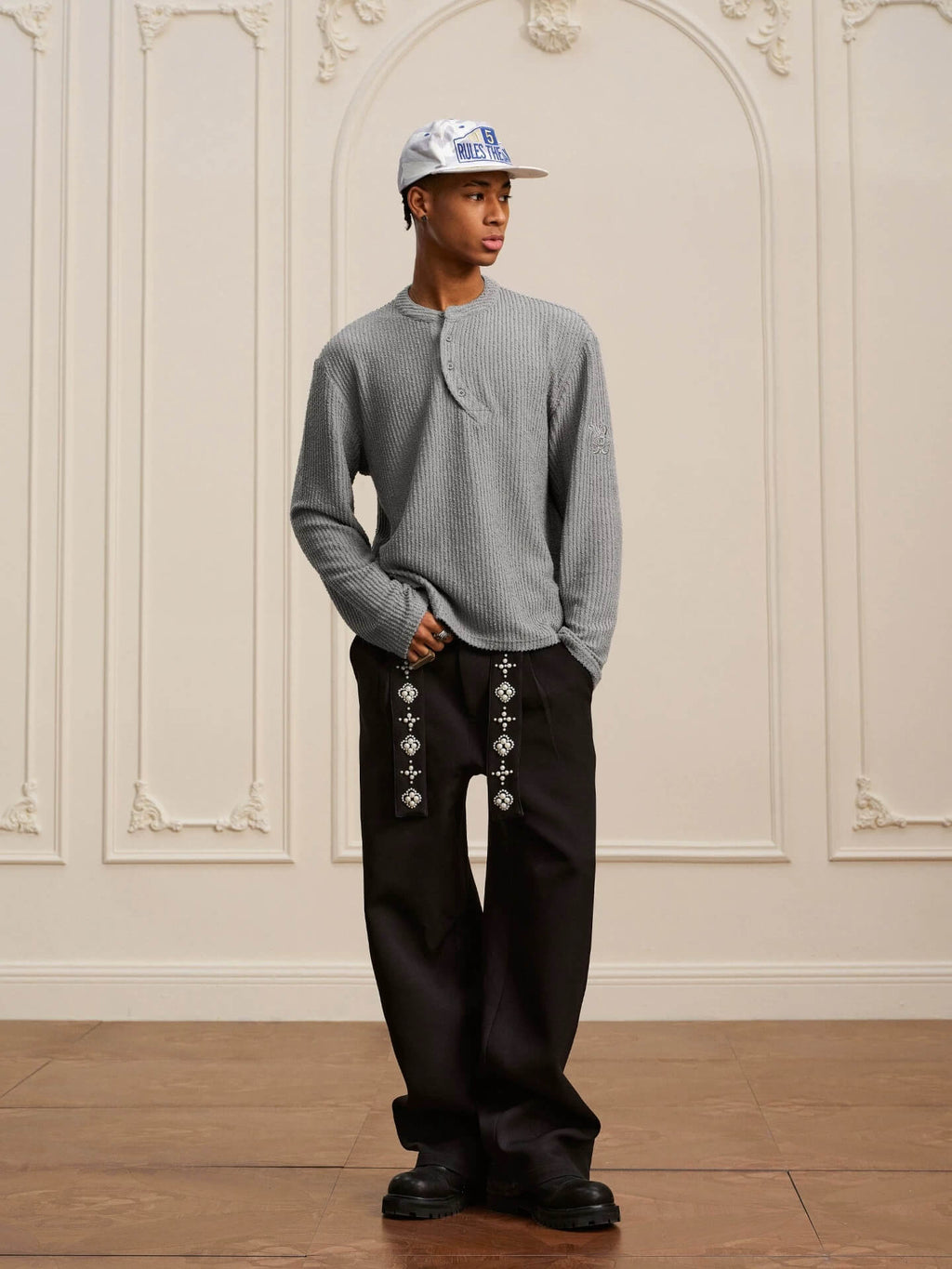 YADcrew Twisted Henley Pinstripe Long Sleeve Tee