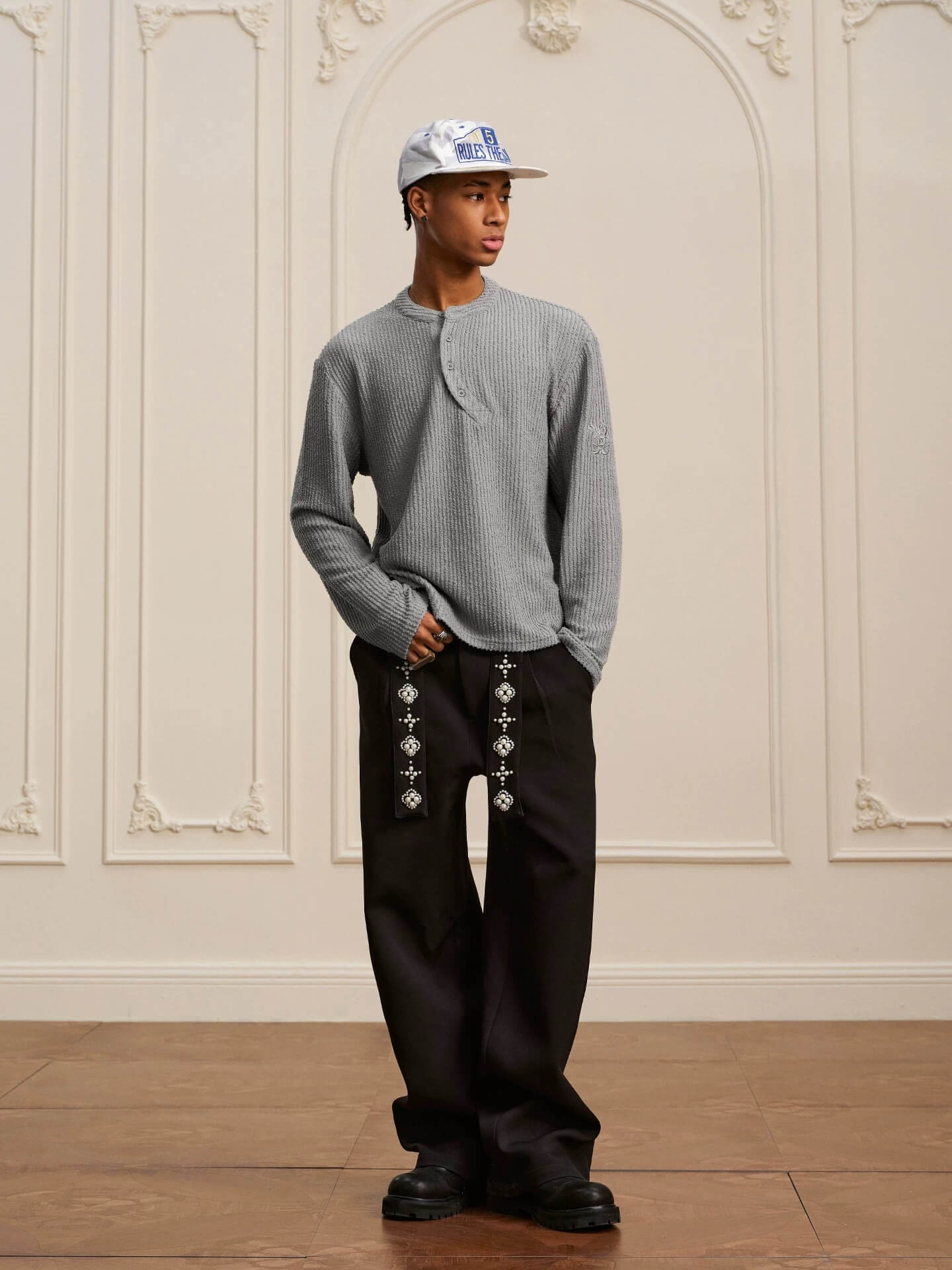 YADcrew Twisted Henley Pinstripe Long Sleeve Tee