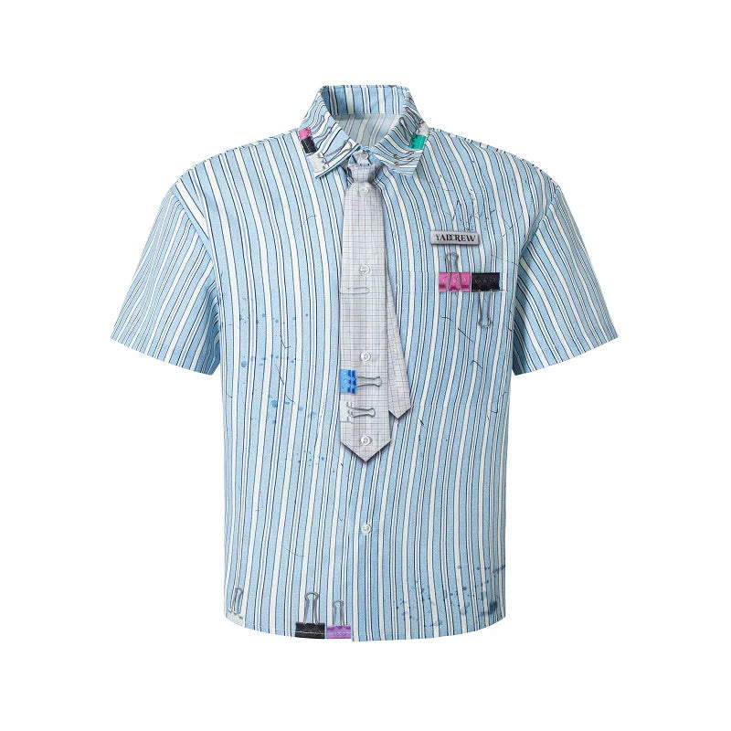 YADcrew Wavy Stripe Tie-Print Short Sleeve Shirt