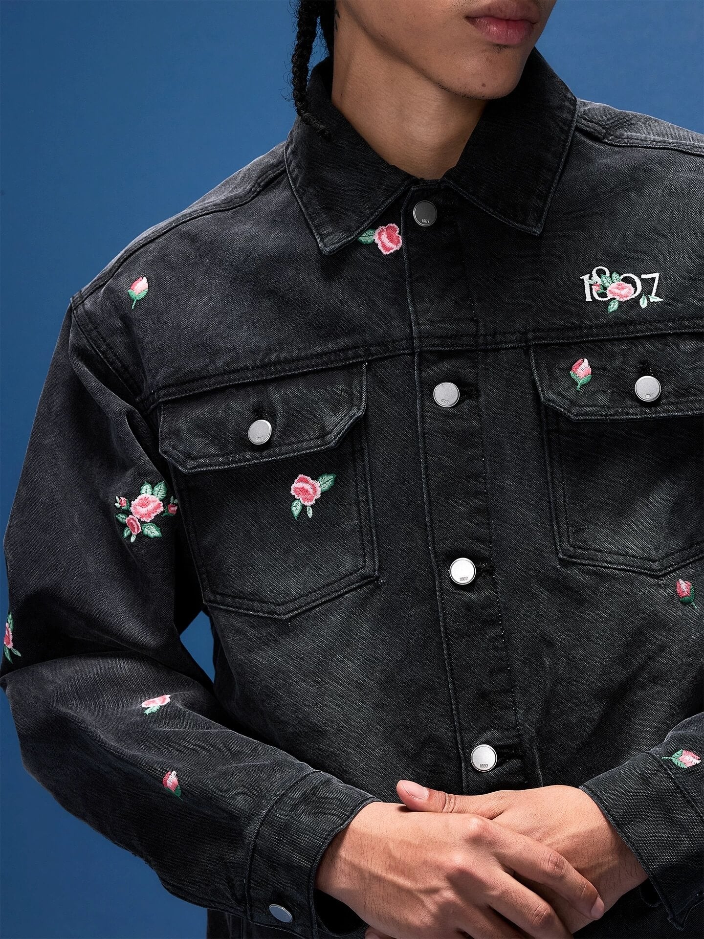 1807 All Over Floral Embroidered Washed Denim Jacket