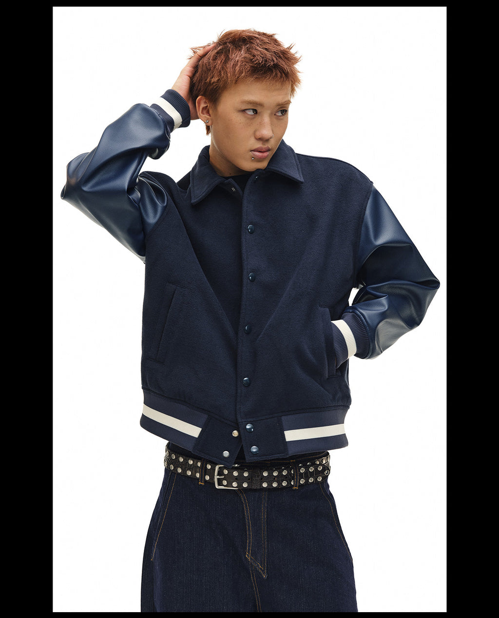 NOVACAM Navy Blue Short Basic Varsity Jacket