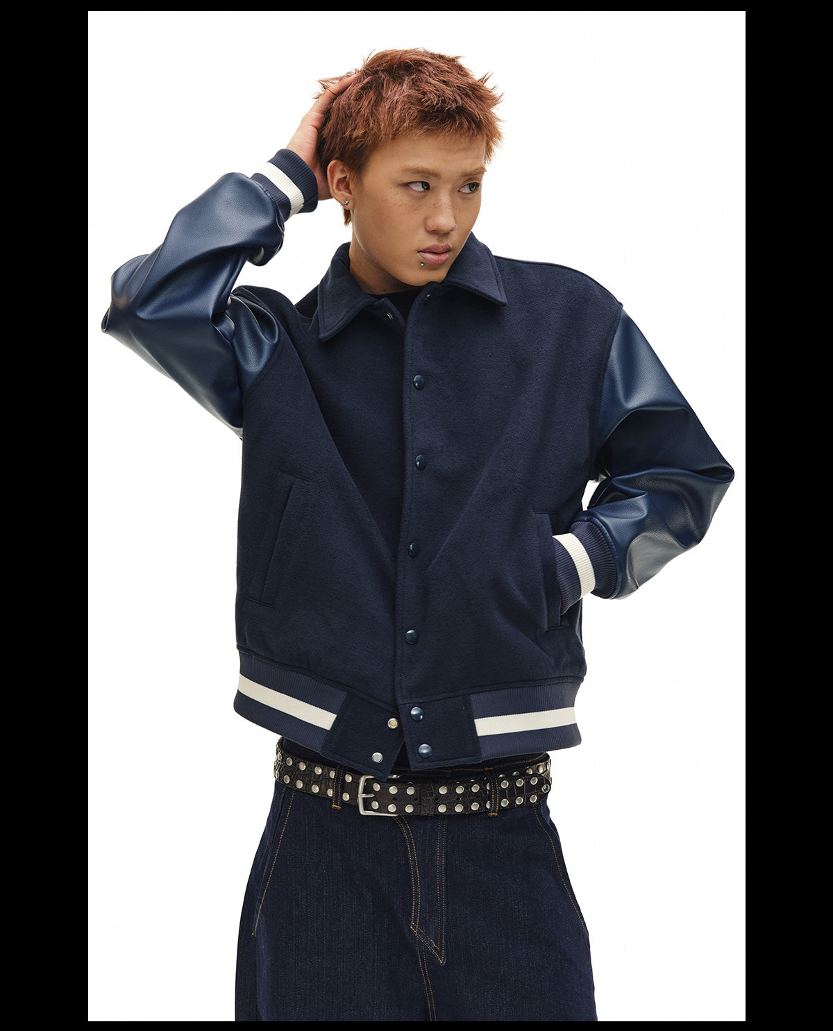 NOVACAM Navy Blue Short Basic Varsity Jacket