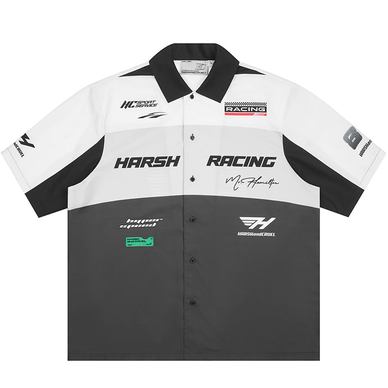 Harsh and Cruel Color Blocking Handwritten Lapel F1 Racing Suit Shirt
