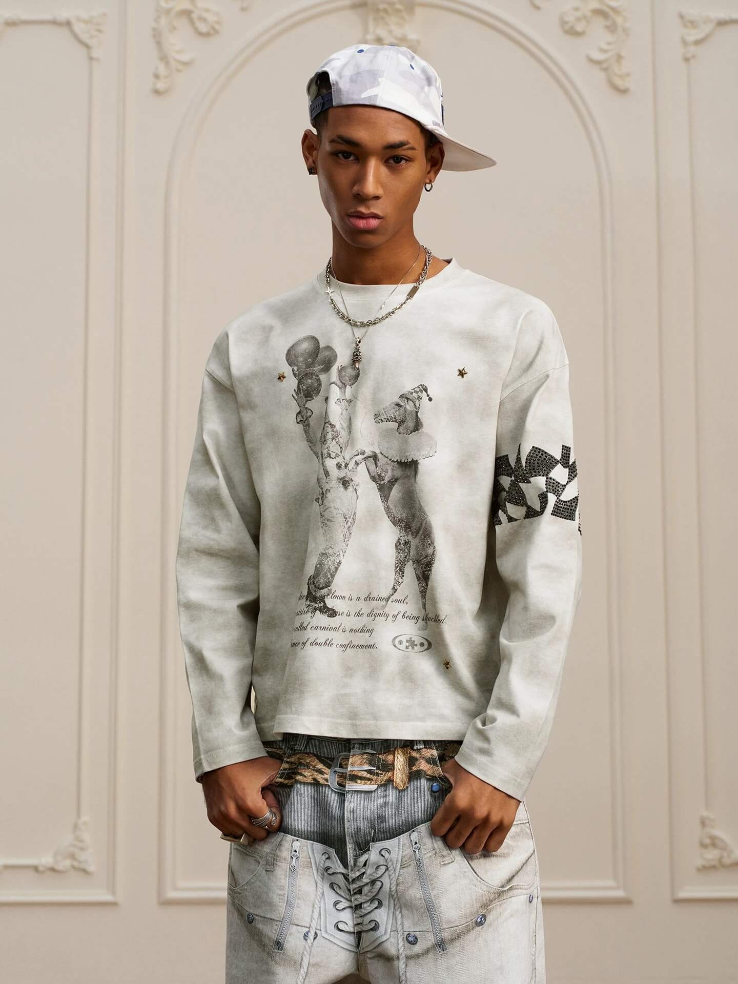 YADcrew Dirty Washed Circus Star Studded Long Sleeve Tee