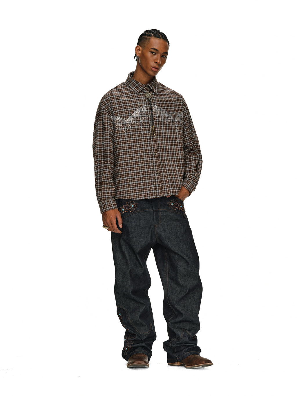 ANTIDOTE Rhinestone Flannel Plaid Long Sleeve Shirt