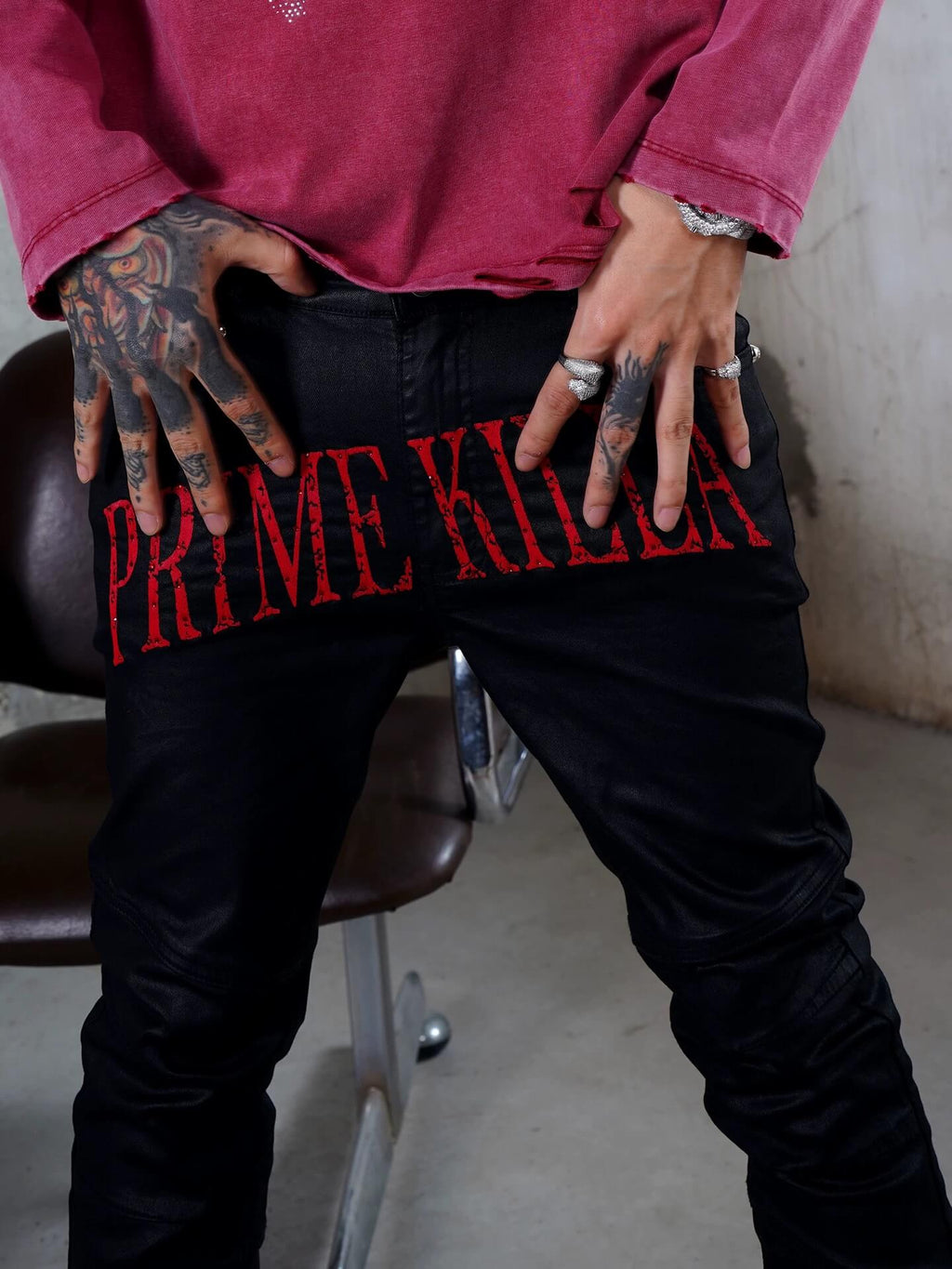 TGFCLUB PRIME KILLA Print Rhinestone Waxed Slim Fit Skinny Jeans