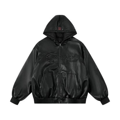 1807 Racing PU Leather Hooded Bomber Jacket