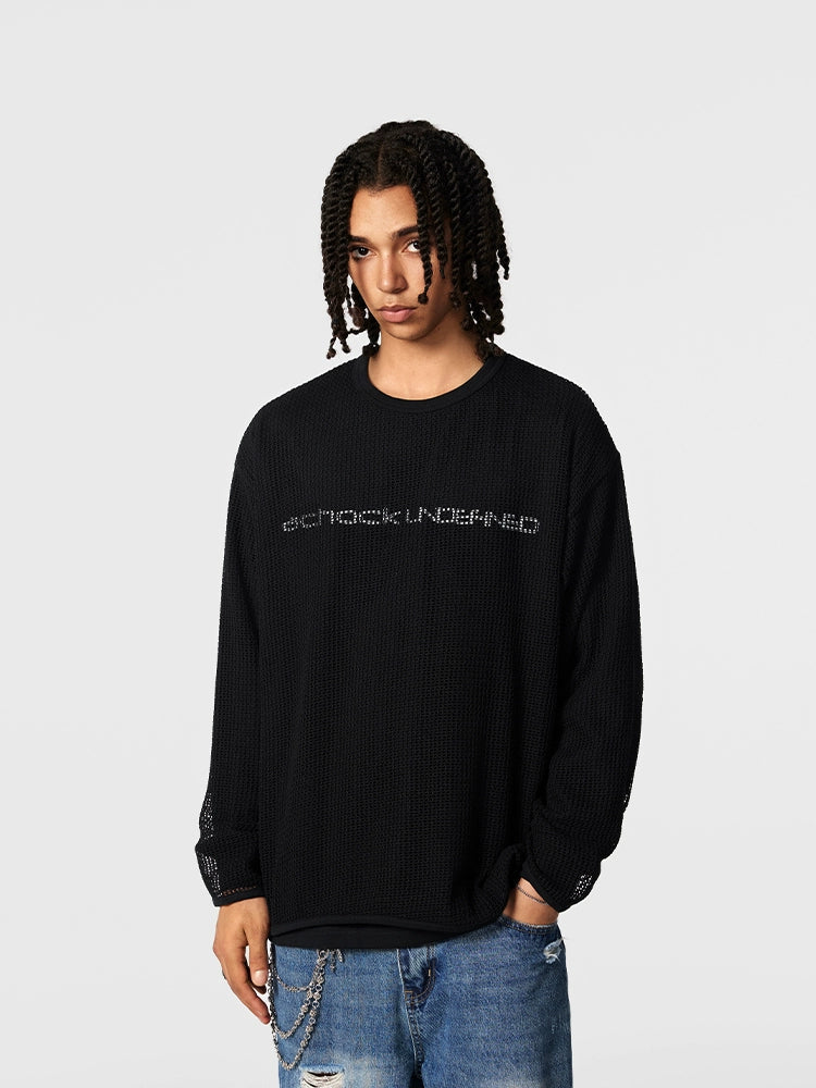 Achock Fake Two Pieces Printed Mesh Long Sleeve Tee