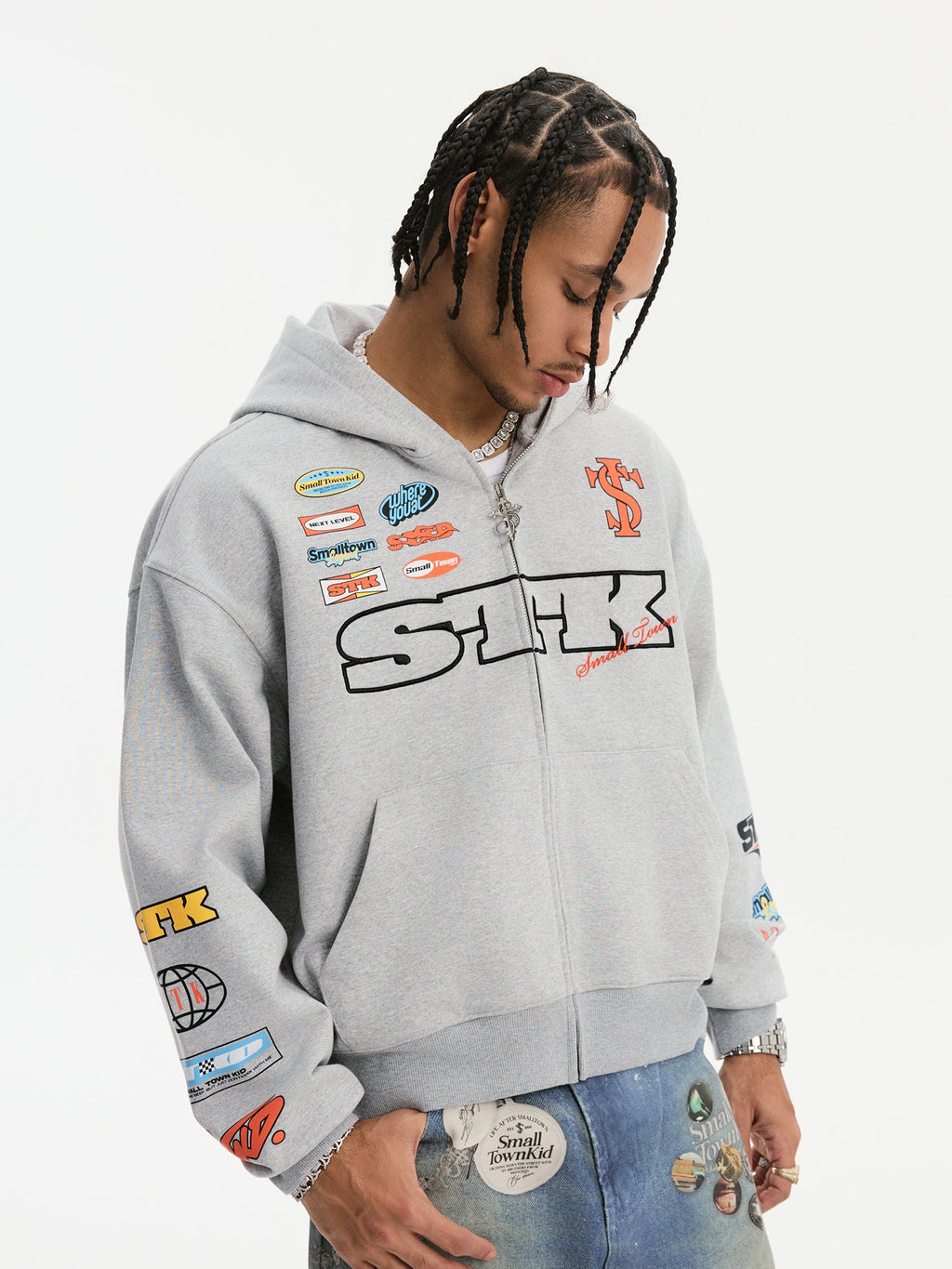 Small Town Kid Racing Badge Printed and Embroidered Zip-Up Hoodie