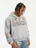 Small Town Kid Racing Badge Printed and Embroidered Zip-Up Hoodie