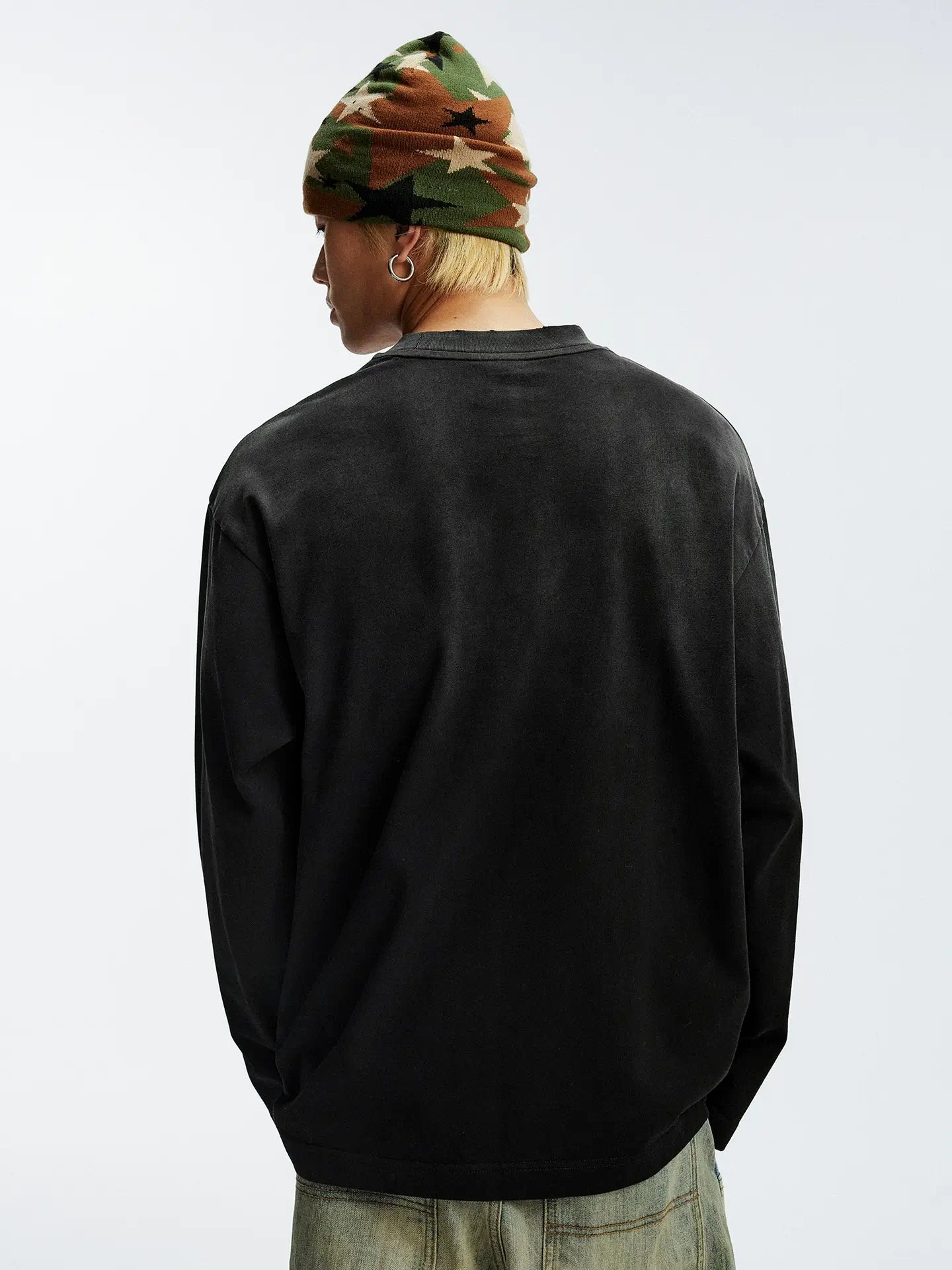 MEDM Frayed Logo Patch Washed Distressed Long Sleeve Tee