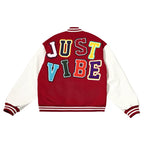 JUST VIBE Terry Multicolor Logo PU Leather Varsity Jacket