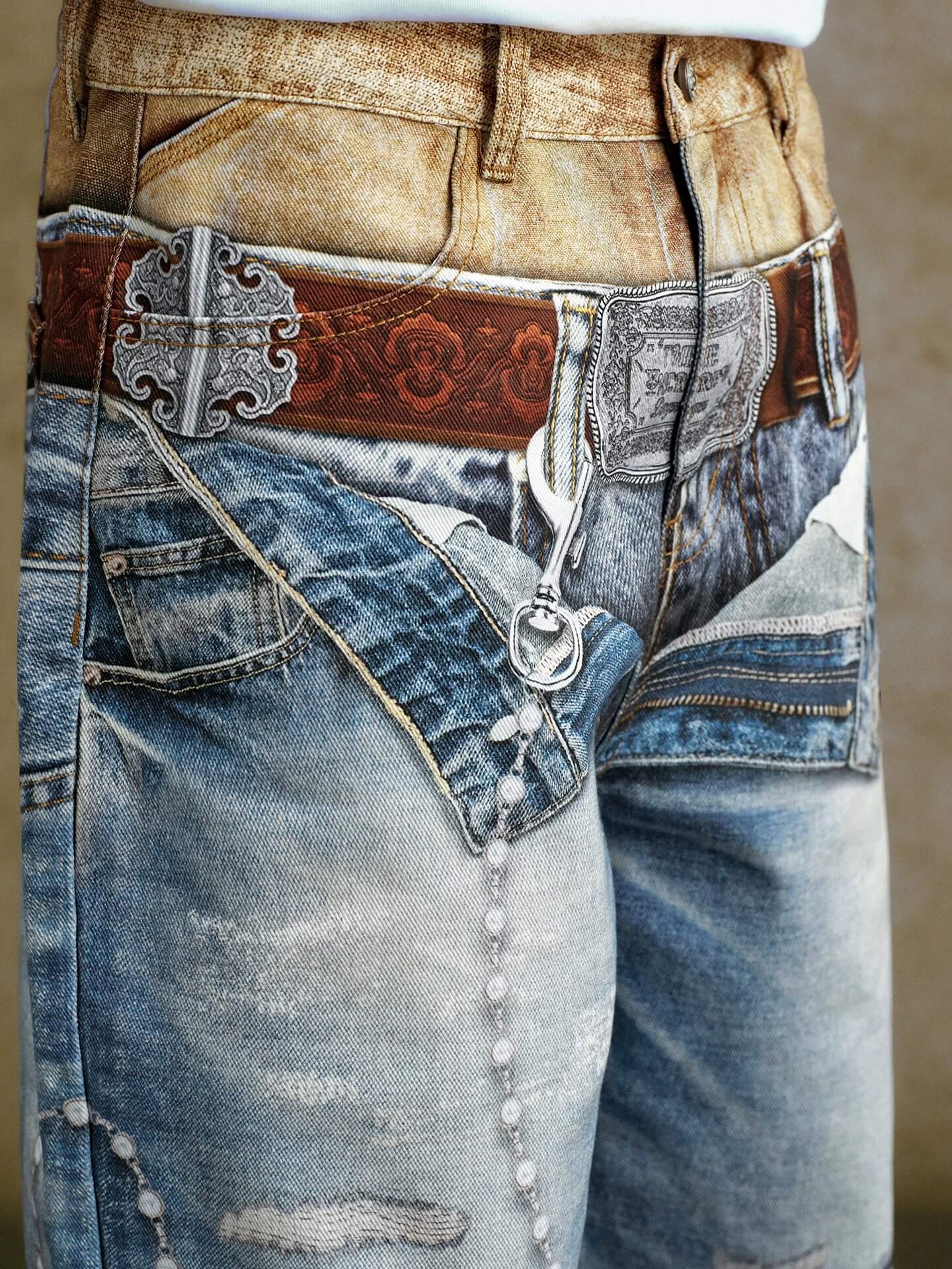 YADcrew Double Waist 3D Digital Print Jeans