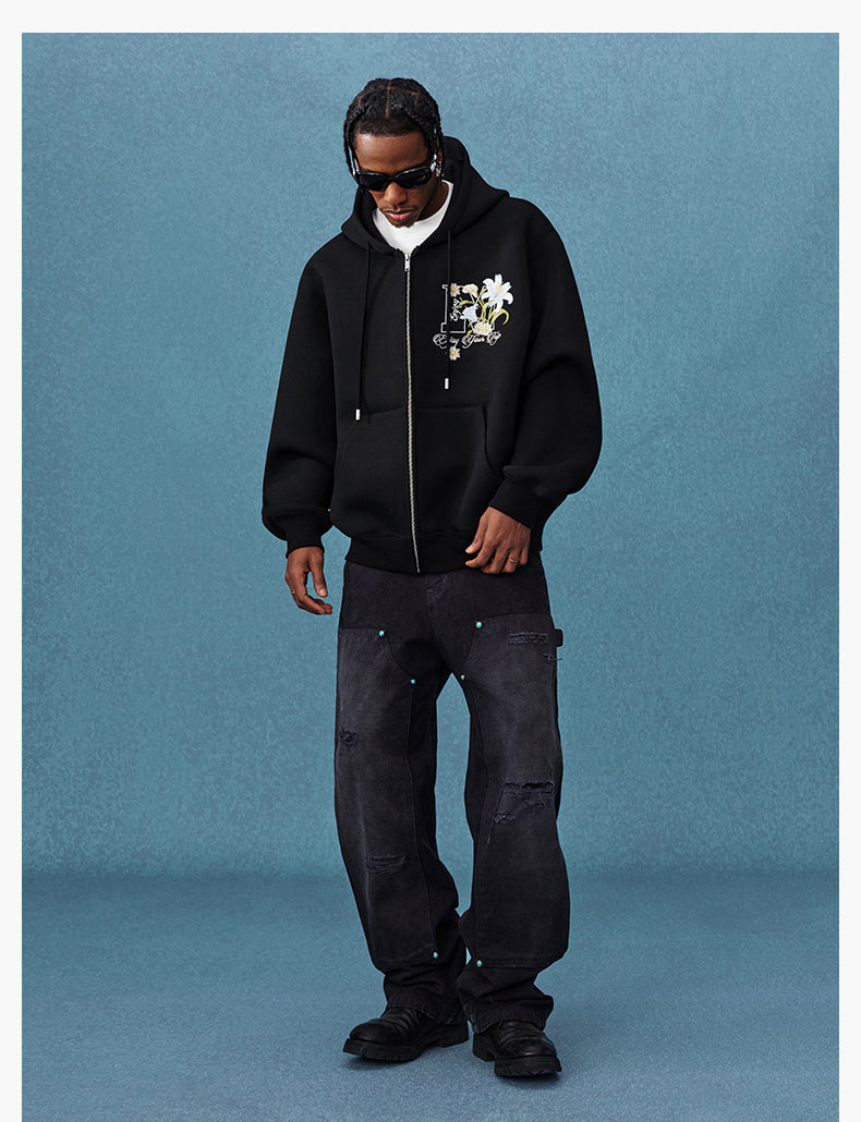 MEDM Floral Embroidery Air Layer Zip-Up Hoodie