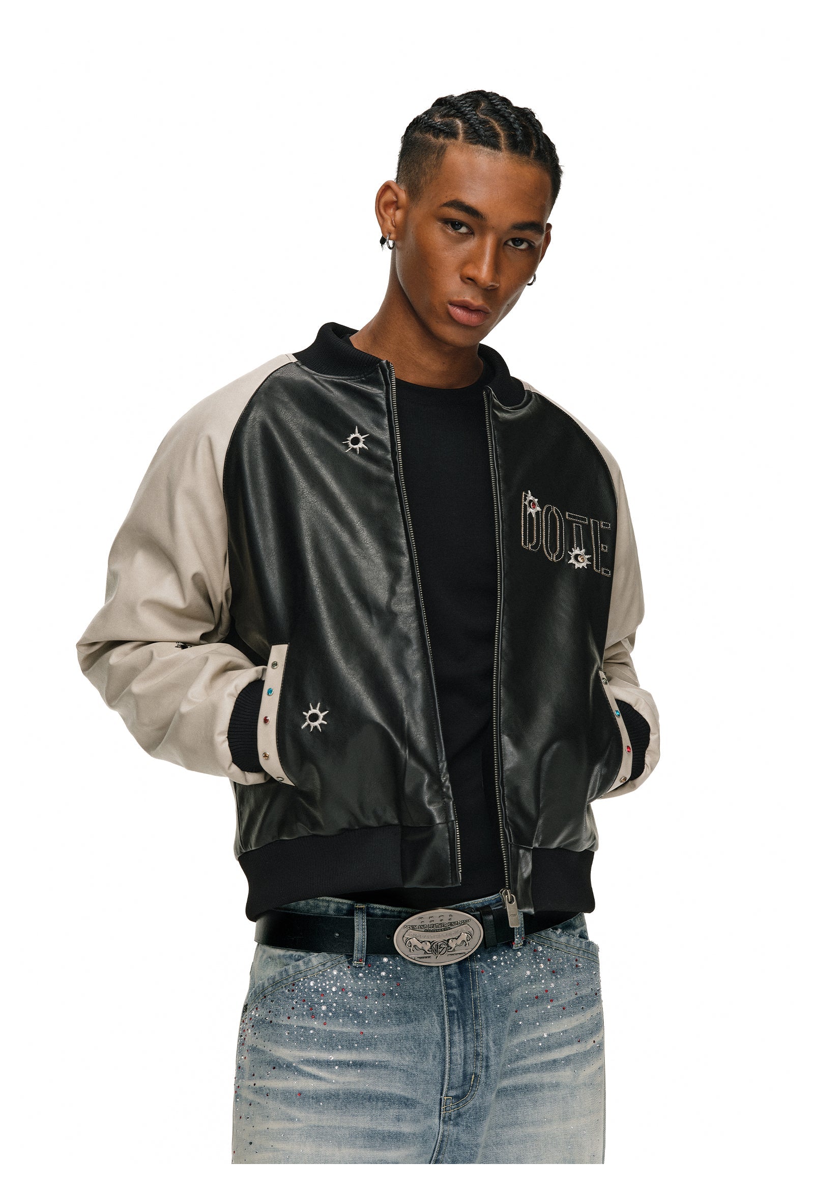 ANTIDOTE Bullseye Color Diamond Studded Leather Baseball Jacket