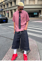 STEEPC Plaid Boxy Wide Short Sleeve Shirt