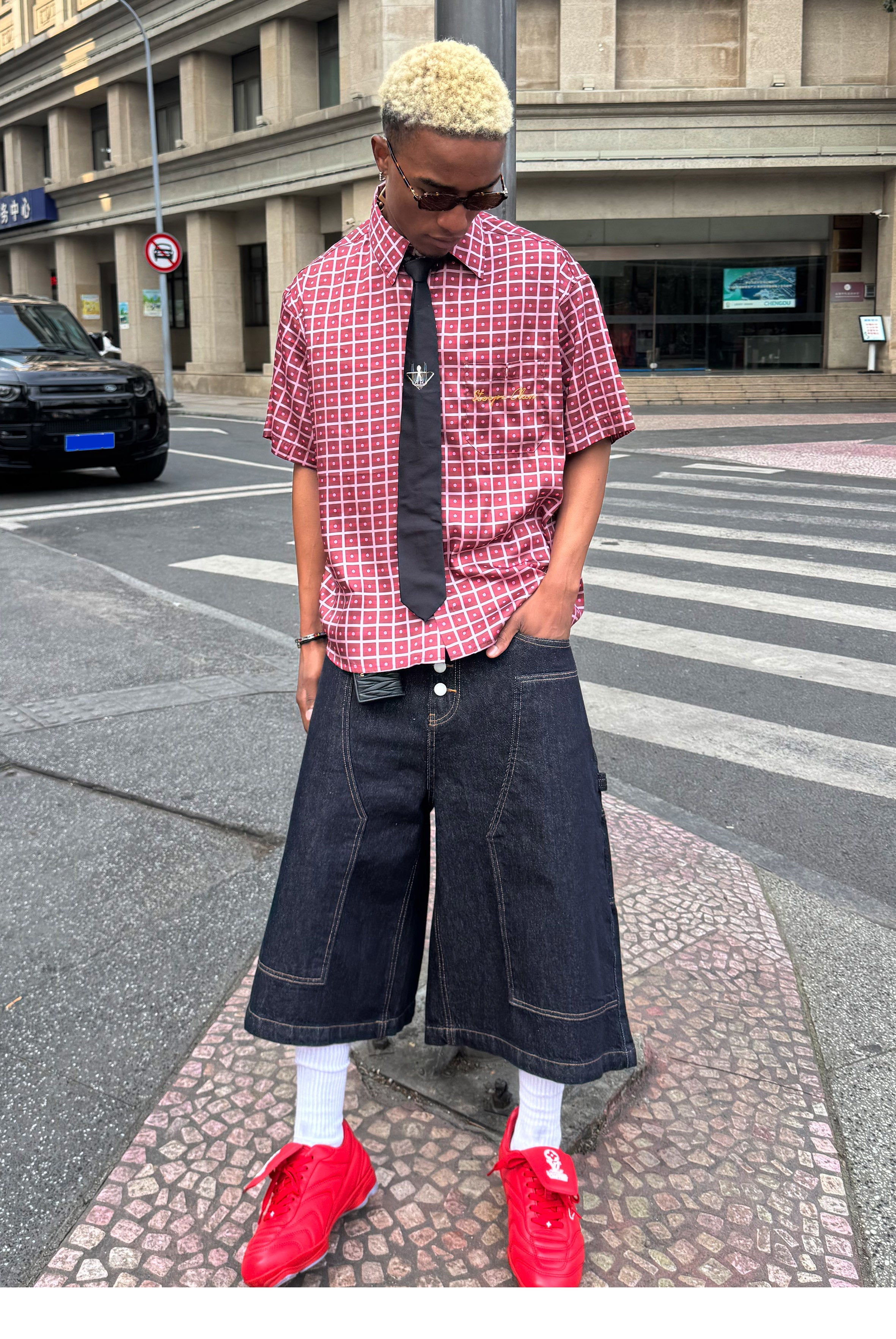 STEEPC Plaid Boxy Wide Short Sleeve Shirt