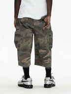 UNTILWERICH Washed Camo Multi Pocket Wide Cargo Below Knee Shorts