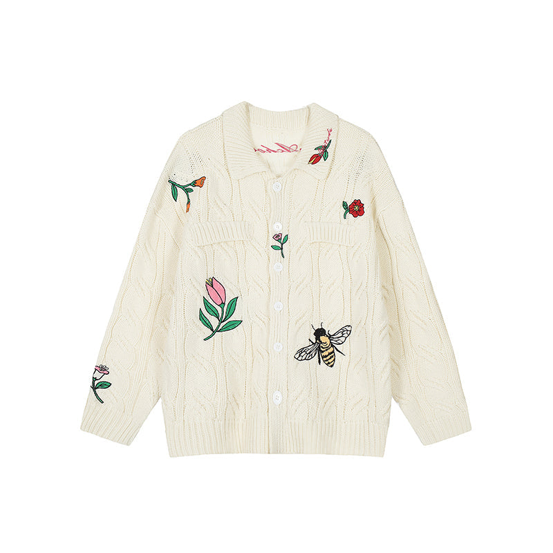 Achock Flower & Bee Embroidery Knit Cardigan