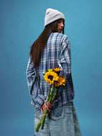 YADcrew Pearl-Embroidered Plaid Long-Sleeve Shirt
