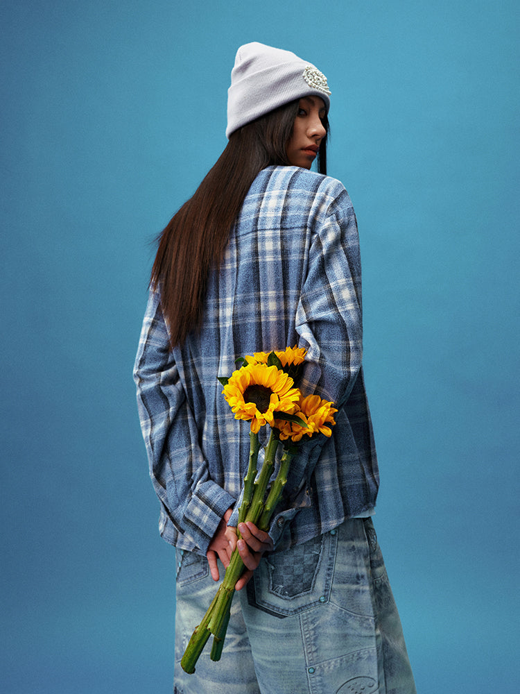 YADcrew Pearl-Embroidered Plaid Long-Sleeve Shirt
